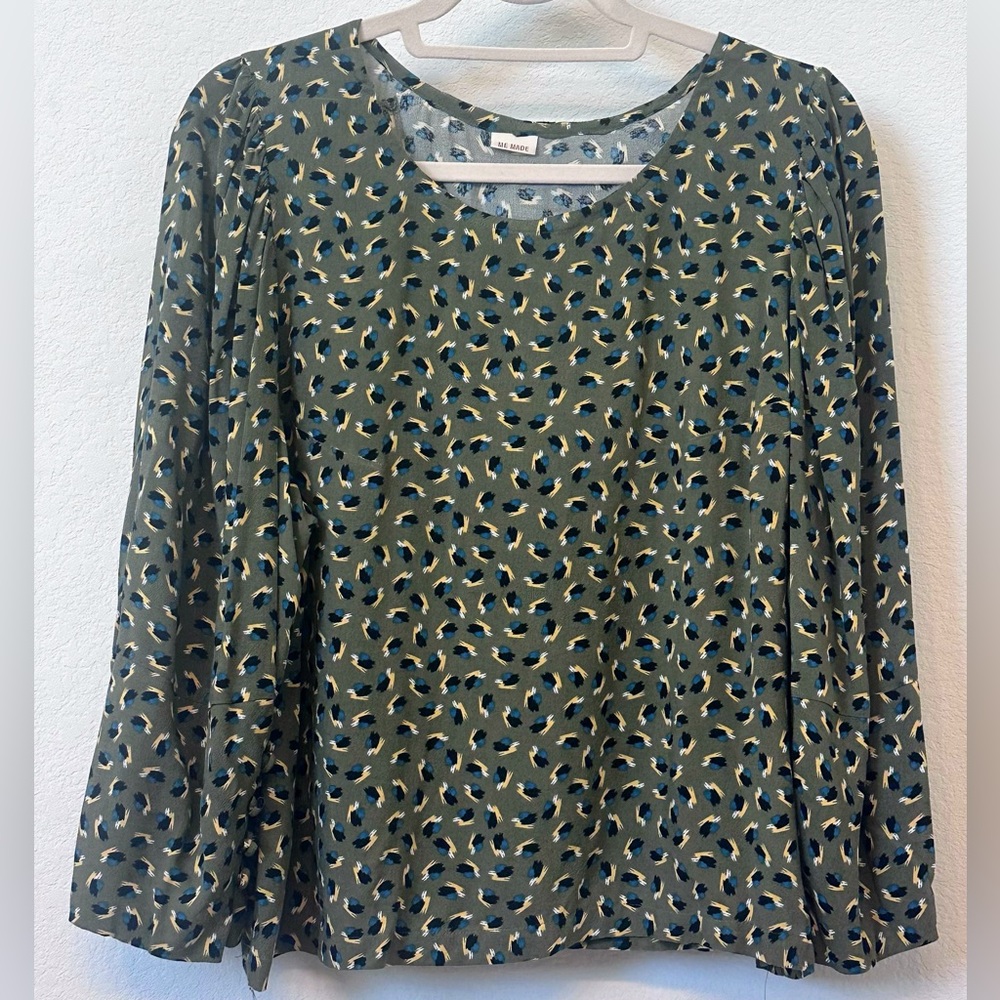 Handmade “Me Made” Olive Green Abstract Print Long Sleeve Blouse | Cottagecore